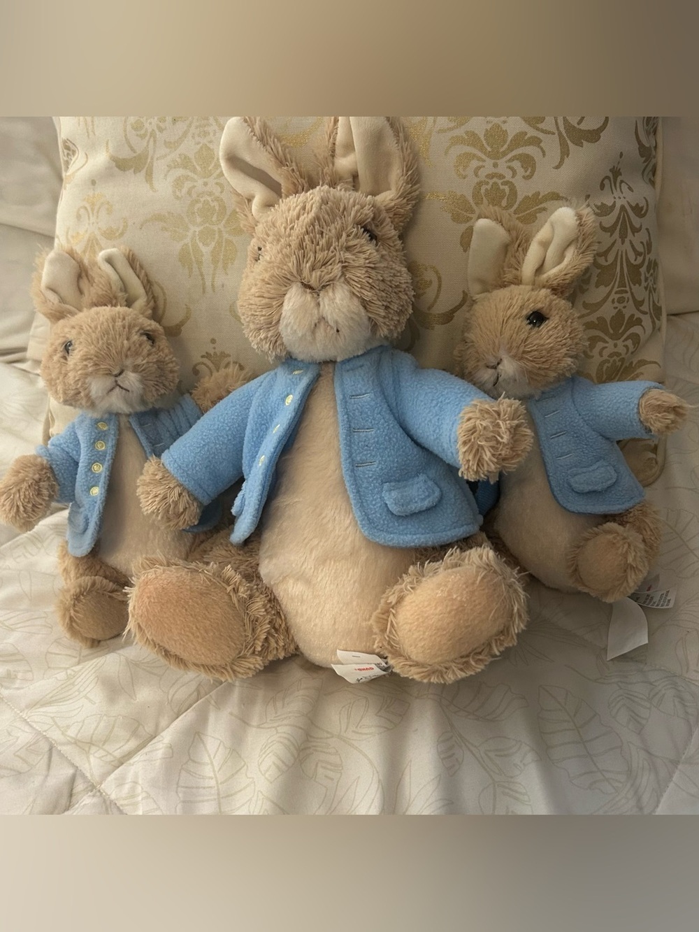 Gund Beatrice Potter Plush Peter Rabbit Trio in Beige with Light Blue Jackets